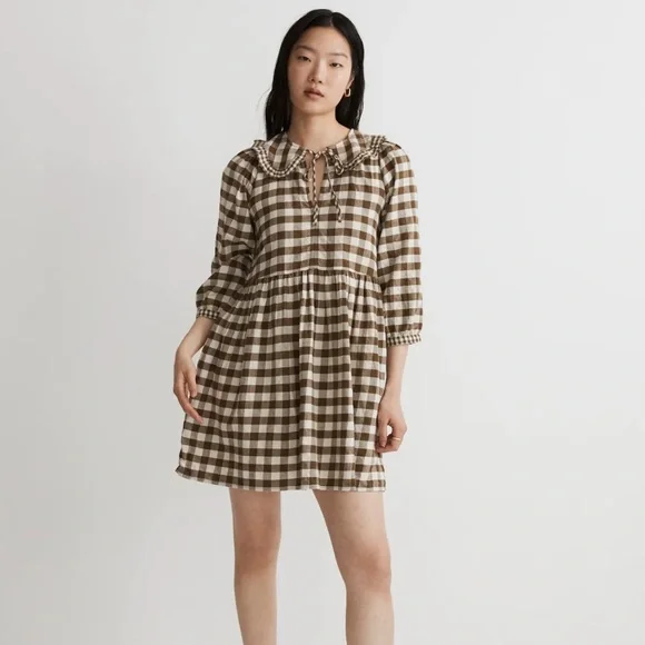NWT Madewell Gingham Collared Puff-Sleeve Mini Dress - Picture 1 of 11